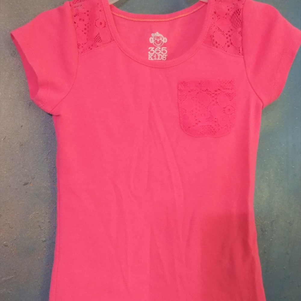 Girls Hot pink Lace shirt pocket fuchsia short sleeve summer kids Top ss 6 small